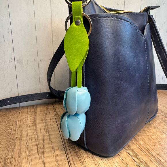 Leather Light Blue Tulip Purse Charm Genuine Leather Tulip Flower Bag Charm - Picture 3 of 7